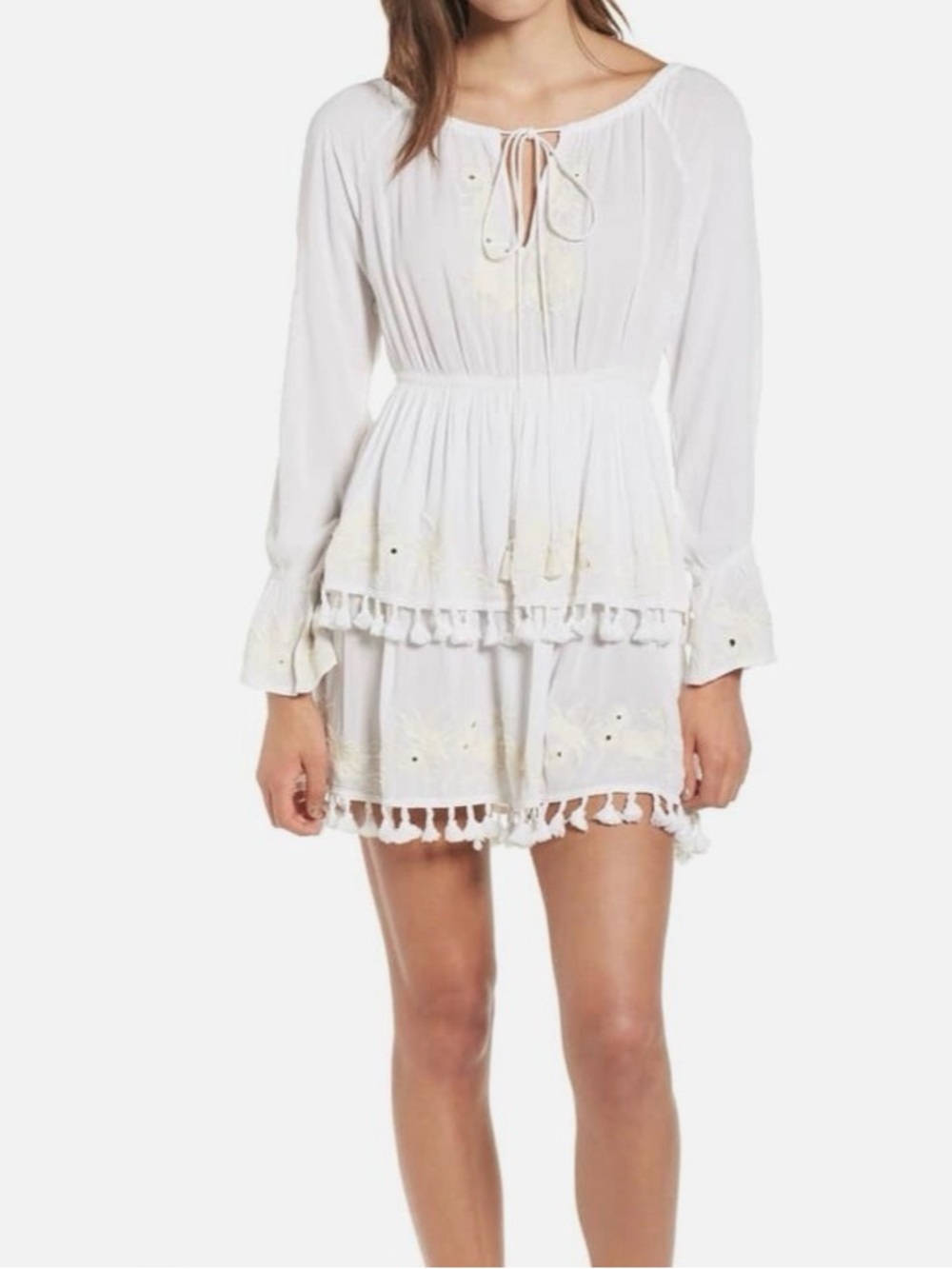 RAGA Australia Dress Womens M Salty Kiss Mini BOHO Tassels Ivory Tiered Mirrored